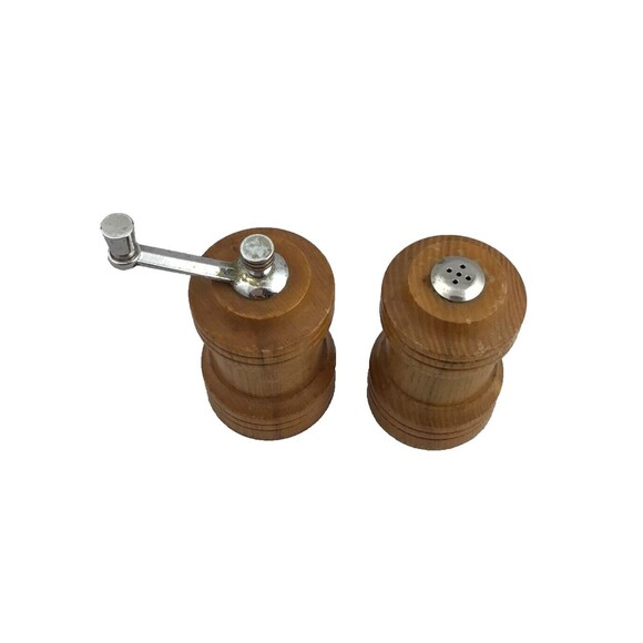 Vintage Olde Thompson Salt Pepper Shaker Mill Grinder Set Wood MCM Made in USA - Picture 2 of 9